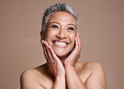 Buy stock photo Skincare, anti aging and portrait of mature woman with smile on her face on studio background. Beauty, botox and collagen, happy middle aged lady from India with health, wellness and natural makeup.