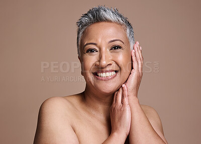 Buy stock photo Senior woman, beauty and studio portrait for skincare, healthy glow and face cosmetics promotion on marketing mock up or copy space. Old woman model from India with night time skin care facial shine