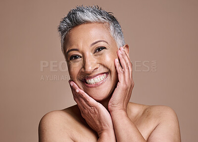 Buy stock photo Happy senior woman, studio portrait and beauty with skincare, cosmetics and smile for glow, shine or skin. Model, face and makeup for anti aging facial, skin and self care by cosmetics background