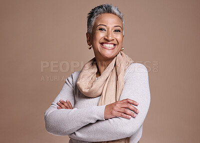Buy stock photo Happy elderly woman, smile and arms crossed in satisfaction for dental care against a studio background. Portrait of senior female smiling with teeth for oral, mouth or gum care hygiene on mockup