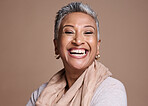 Mature woman, face and laughing on studio background in fashion, trendy or style clothes and makeup cosmetics. Portrait, smile or happy model with gray hair, comic facial expression and mockup space