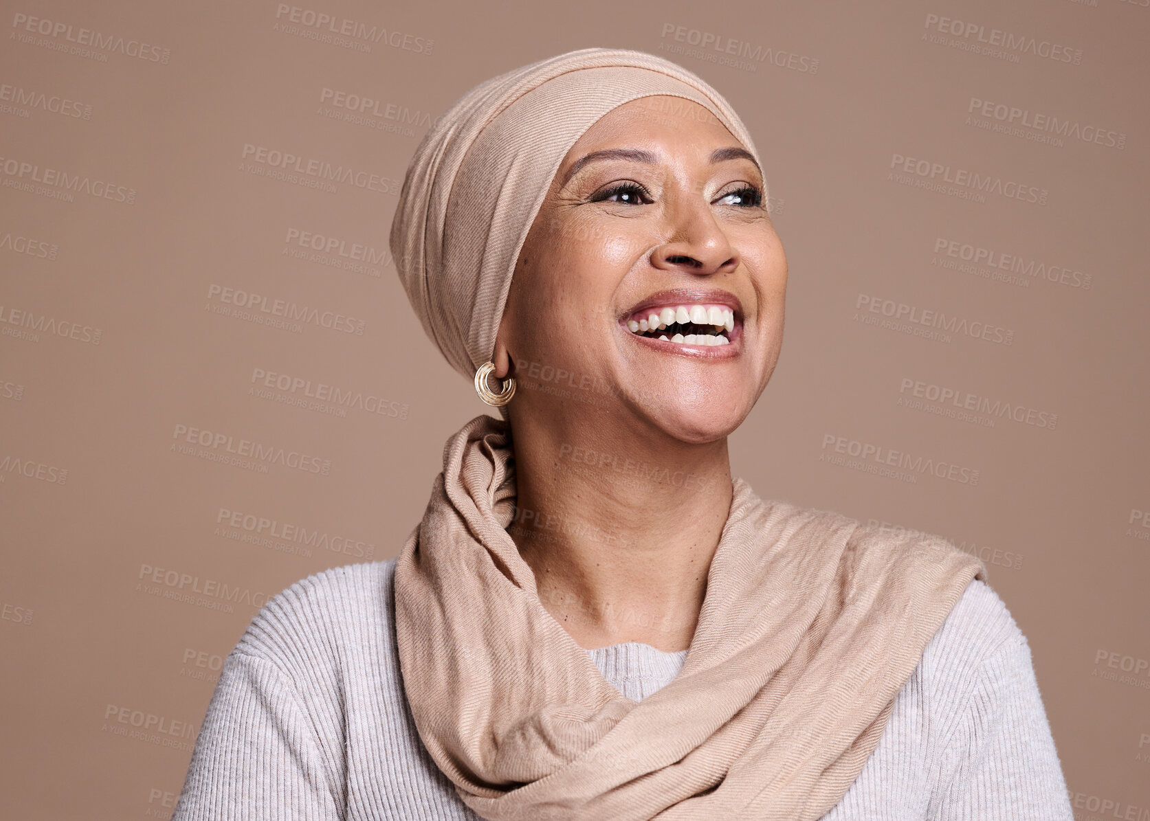 Buy stock photo Happy, smile and woman in hijab with studio background, natural beauty and skincare. Fashion, makeup and cosmetics, portrait of lady with head scarf, celebration of culture, religion and lifestyle.