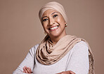 Hijab, woman and smile portrait of an islamic model with beauty, skincare and skin wellness. Happy, cosmetic and face of a muslim, arab and saudi person with a smile about culture and cosmetics