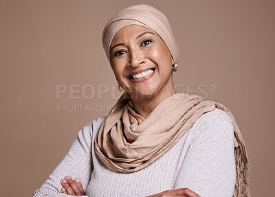 Buy stock photo Hijab, woman and smile portrait of an islamic model with beauty, skincare and skin wellness. Happy, cosmetic and face of a muslim, arab and saudi person with a smile about culture and cosmetics