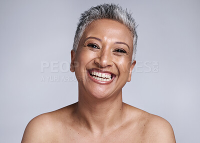 Buy stock photo Beauty, skincare and portrait of senior woman in studio for healthy glow, natural cosmetics and wellness mock up marketing. Big smile, happy face and elderly or old woman model for dermatology