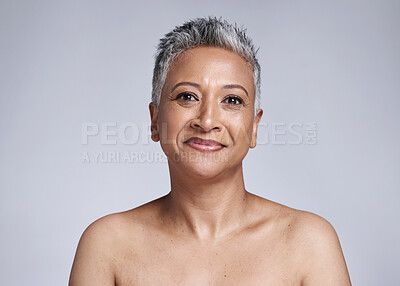 Buy stock photo Face, beauty and skincare of senior woman on gray studio background. Portrait, anti aging cosmetics and makeup of happy mature female model from India posing for wellness, healthy and glowing skin.