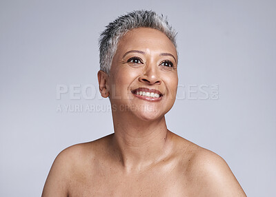 Buy stock photo Senior model, beauty and smile on face for makeup, cosmetics and skincare with vision in studio. Elderly black woman, cosmetic wellness and happy for skin glow, radiant and health by grey background