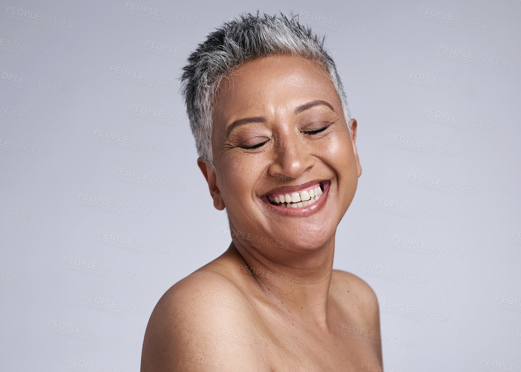 Buy stock photo Happy, face and beauty of senior woman with excited smile for skincare, health or botox marketing. Happiness, plastic surgery and wellness of mature model for cosmetic procedure studio mockup.

