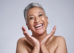 Happy, makeup and senior woman face happy about beauty, skincare and wellness. Portrait of an elderly model from Brazil with happiness of dermatology, skin health and anti aging treatment in studio