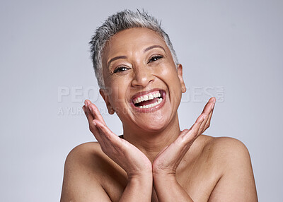 Buy stock photo Happy, makeup and senior woman face happy about beauty, skincare and wellness. Portrait of an elderly model from Brazil with happiness of dermatology, skin health and anti aging treatment in studio