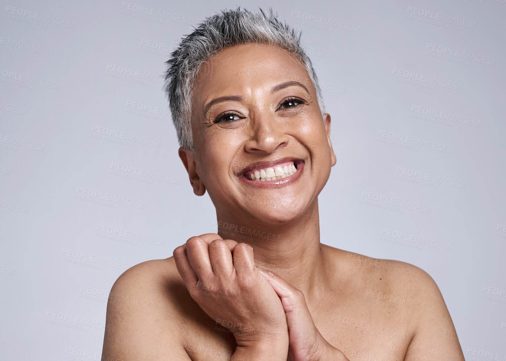 Buy stock photo Skincare, beauty and senior dermatology with black woman in studio with smile, happiness and glow with cosmetic, makeup and facial product. Face portrait of mature model with healthy skin after botox