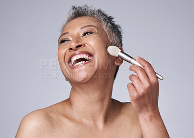 Buy stock photo Makeup brush, senior woman or face product in skincare routine for cosmetics beauty powder on grey studio background with mockup space. Smile, happy or cosmetic mature model for grooming in wellness
