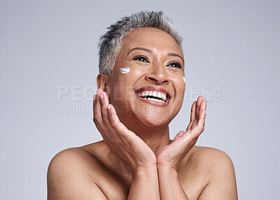 Buy stock photo Skincare, cream and senior black woman in studio with happy facial, makeup cleaning or sunscreen product for marketing mock up. Beauty, anti aging and face of old woman for dermatology or cosmetics