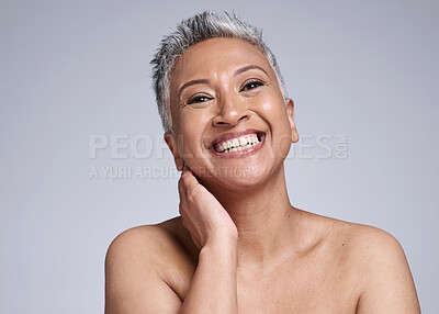 Buy stock photo Mature woman, laughing or skincare face glow on grey studio background mock up in wellness, healthcare or dermatology routine. Portrait, smile or beauty model and gray hair or happy facial expression