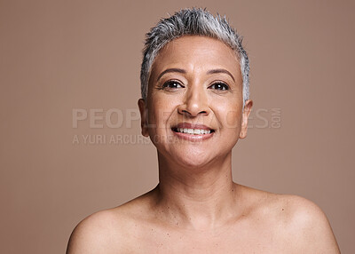 Buy stock photo Portrait, cosmetics and senior woman face for skincare, wellness and natural beauty for health against studio background. Makeup, mature lady and elderly female with smile, confident and smooth skin.