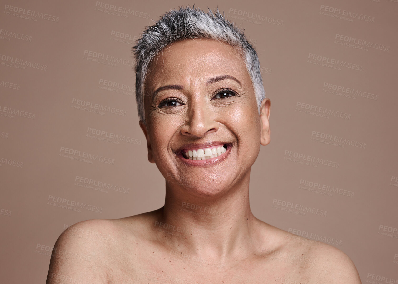Buy stock photo Portrait, cosmetics and senior woman with skincare, for natural beauty, wellness and confident against studio background. Makeup, happy mature female or elderly lady with smile, health or smooth skin