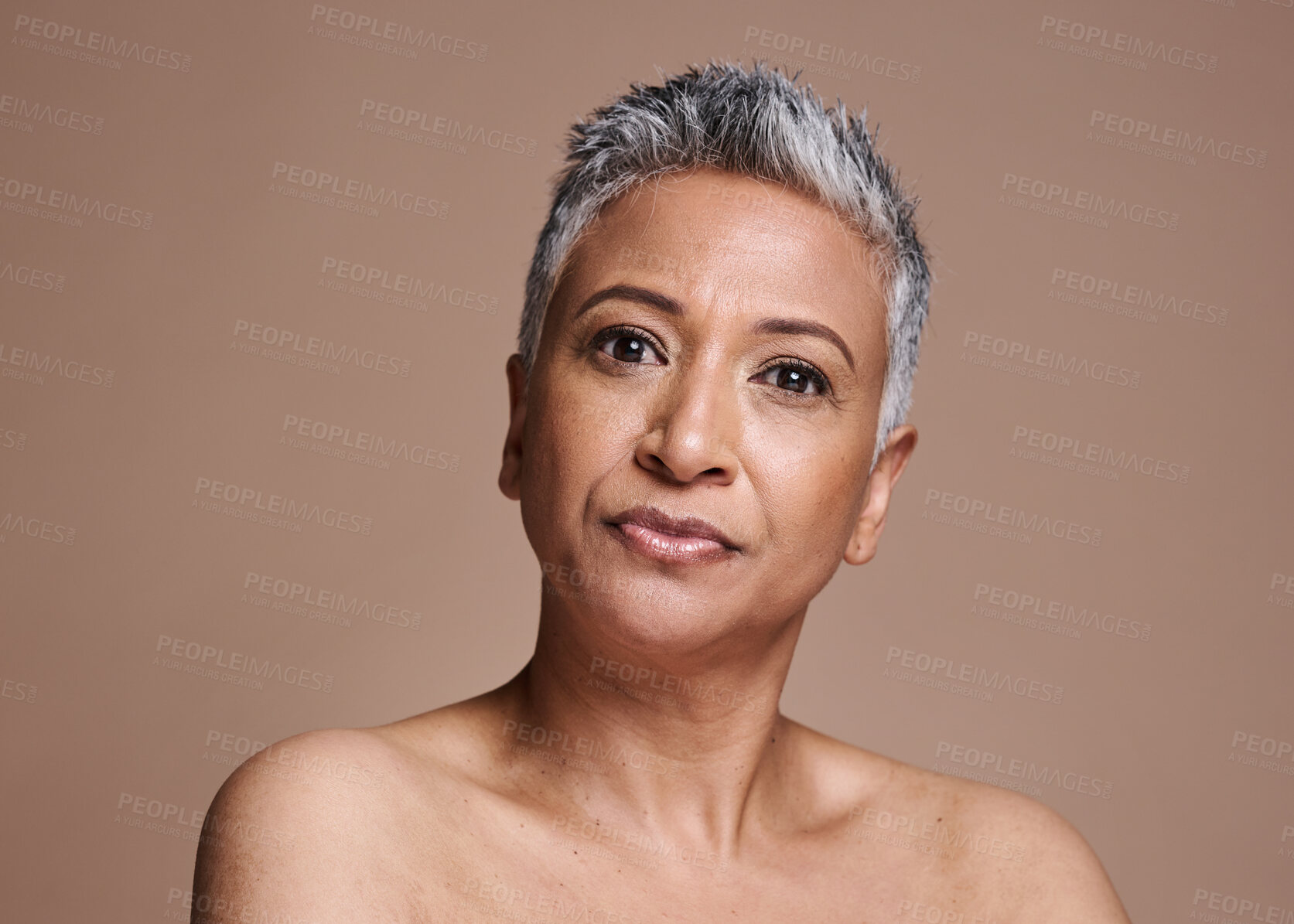 Buy stock photo Senior woman, studio and beauty portrait for skincare, skin glow and natural makeup promotion, marketing or advertising mock up space. Old woman or elderly India model face shine for skin care facial