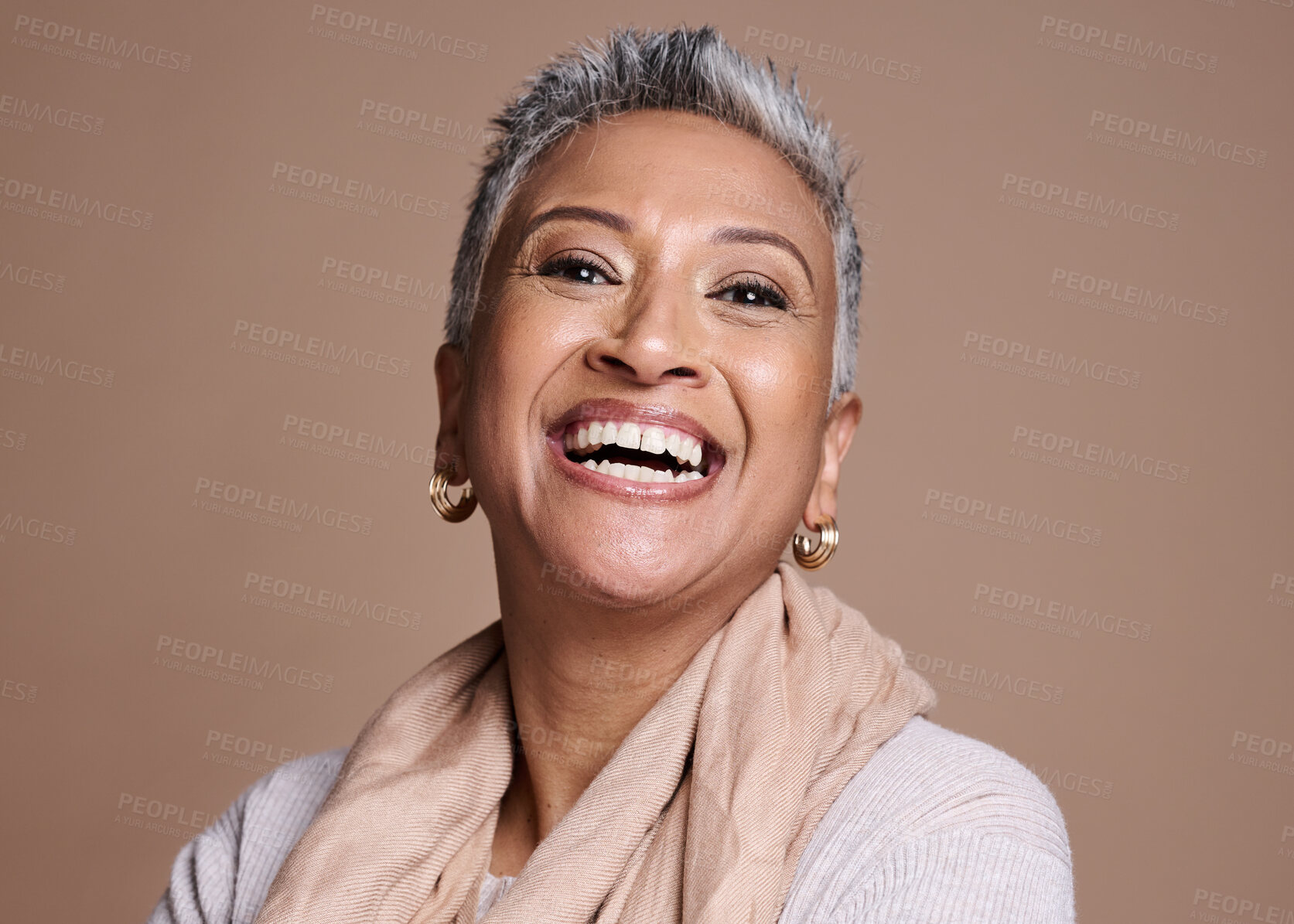 Buy stock photo Smile, happy and senior woman excited for skincare beauty wellness in studio. Elderly person, cosmetics makeup and anti aging botox treatment for healthy skin lifestyle against brown background