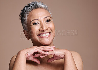 Buy stock photo Black woman, skincare and face of senior advertising cosmetics, makeup and dermatology facial product mockup with a smile. Face portrait of a mature model happy about self care, wellness and skin