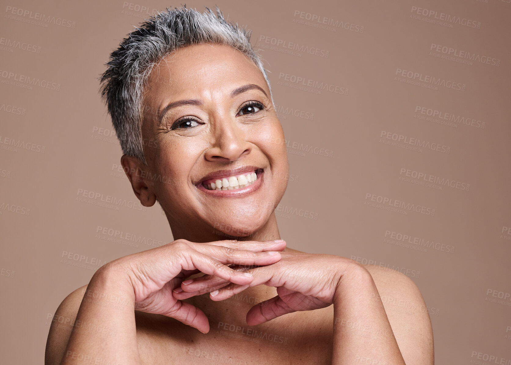 Buy stock photo Black woman, skincare and face of senior advertising cosmetics, makeup and dermatology facial product mockup with a smile. Face portrait of a mature model happy about self care, wellness and skin