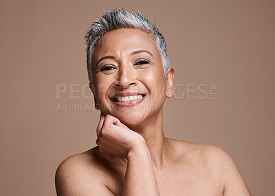 Buy stock photo Senior woman, smile and happy with skincare, pride and cosmetics for joy, bare or with studio background. Portrait, elderly female or mature lady with natural beauty, wellness or makeup for glow skin