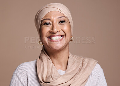 Buy stock photo Muslim, portrait and beauty woman in studio with cosmetics, makeup and fashion for Saudi Arabia or islamic culture. Happy, smile and face of an arabic model with skincare, skin glow and religion