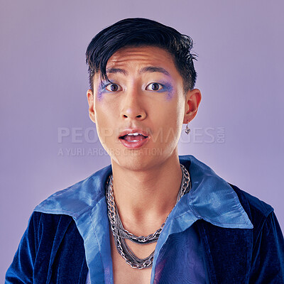 Buy stock photo Punk, makeup and face in shock, wow and surprise with a gay man on a purple studio background for future or retro fashion. Cosmetics, cyberpunk and lgbtq aesthetic model for vaporwave portrait