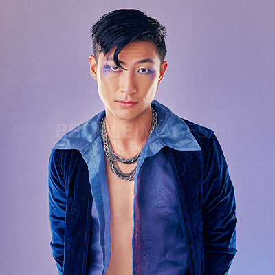 Art, purple and creative portrait of man with makeup, serious face and self  expression. Futuristic disco funk style fashion, male model from Japan and  artistic future beauty on studio background. | Buy