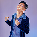 Asian model, fashion and smile with happy smile in purple studio background with clothes, cosmetics and makeup for retro style. Face beauty of an man looking trendy with laugh, happiness and joy