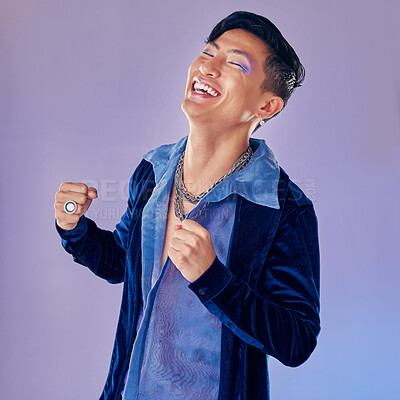 Buy stock photo Asian model, fashion and smile with happy smile in purple studio background with clothes, cosmetics and makeup for retro style. Face beauty of an man looking trendy with laugh, happiness and joy