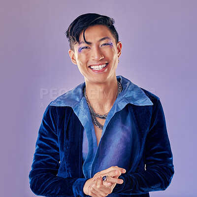 Buy stock photo Fashion, punk makeup and Asian man in studio isolated on a purple background. Beauty portrait, lgbtq and cyberpunk male model from Japan with lip cosmetics, jewelry ring or designer jacket outfit.