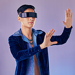 Vr, futuristic and man in metaverse in studio isolated on a purple background. 3d, virtual reality glasses and male exploring virtual world, app or ai games, digital software or future cyber space
 
