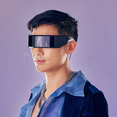 Buy stock photo Cyberpunk, fashion and futuristic asian man, jewellery and clothes with cool glasses in purple mockup studio background. Aesthetic, abstract and designer sunglasses on male model  with sci fi style