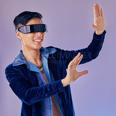 Buy stock photo VR in digital gaming, asian man with future IT technology and UI software in 3d cyber application. Creative innovation for happy gamer, futuristic metaverse for vision and virtual reality ux design