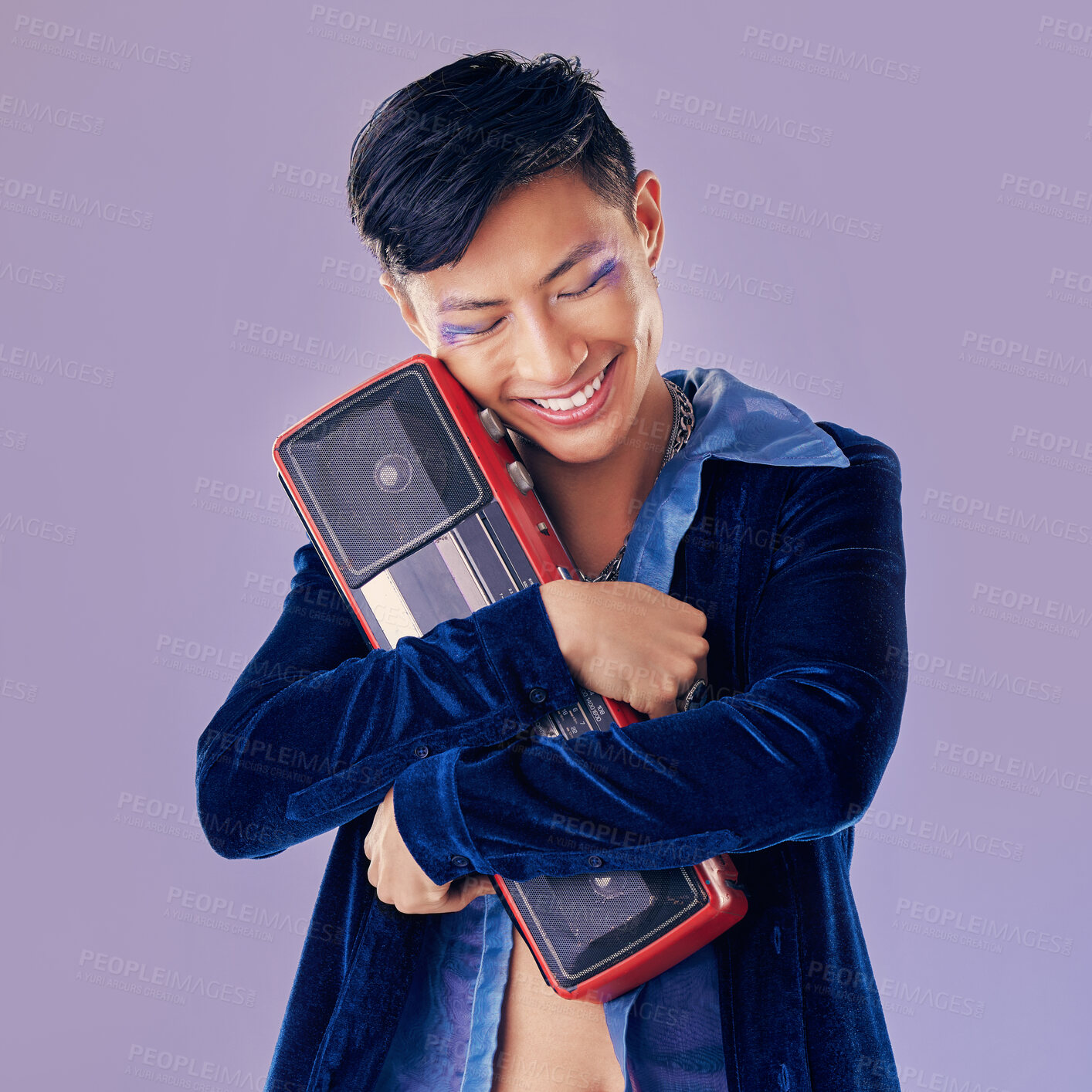 Buy stock photo Retro, disco and boom box with asian man and punk makeup for music, creative and festival event. Art, dj and techno with guy and stereo speaker for vintage, cosmetics and rock in purple background