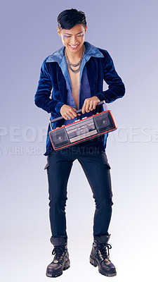 Buy stock photo Fashion, makeup and radio with an lgbt man model in studio on a purple background for gay pride or music. Style, trendy and transgender with an androgynous male listening to audio in fancy clothes