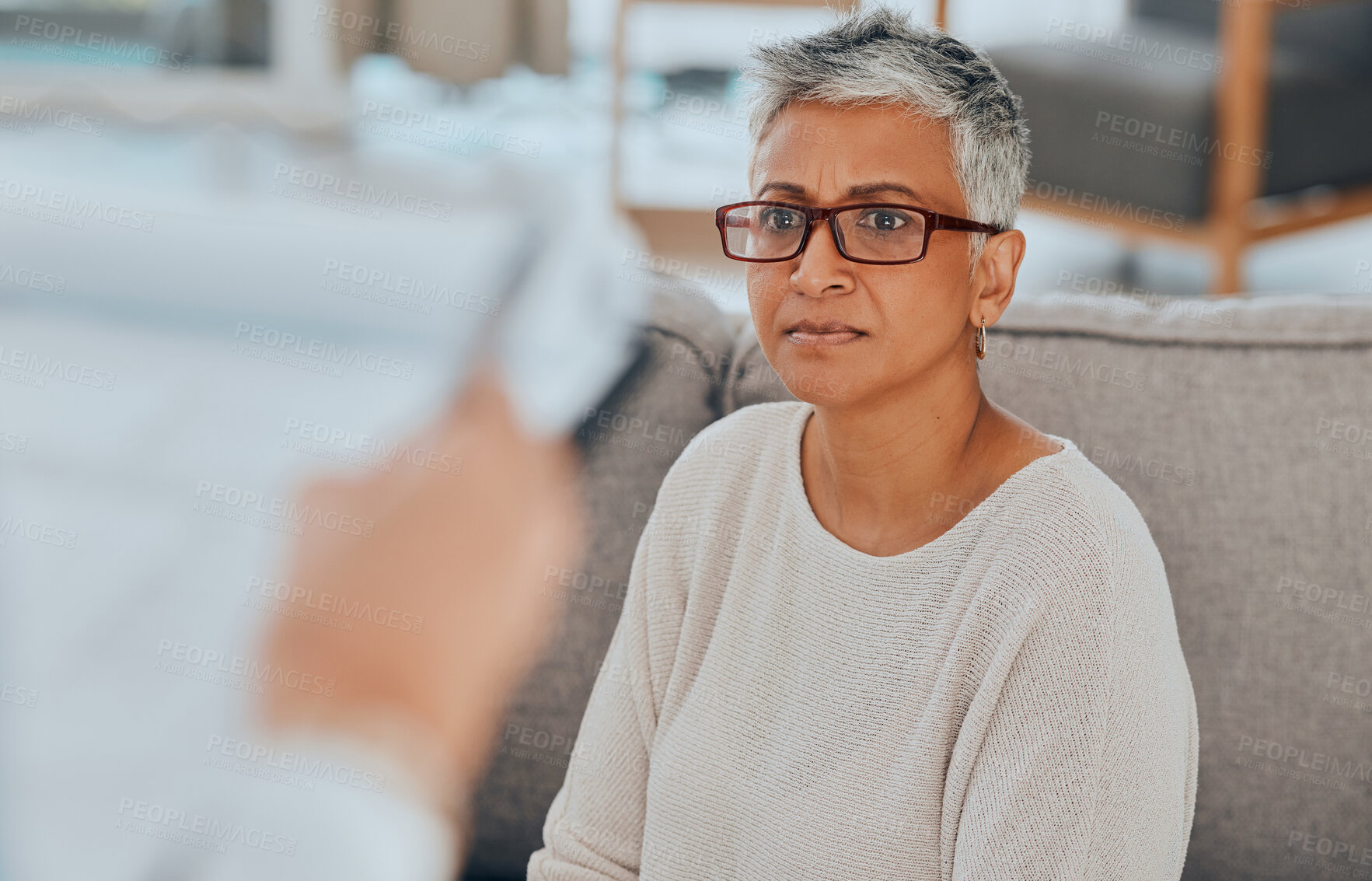 Buy stock photo Senior woman, worried and stress while on living room sofa thinking and feeling stressed, anxiety and depression with glasses. Elderly lady in retirement with dementia, alzheimer or health problem