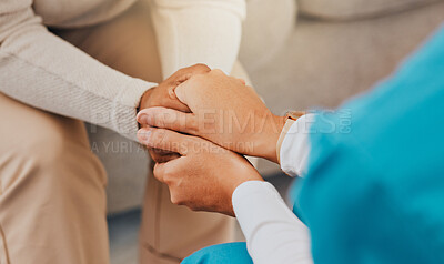 Buy stock photo Holding hands, support and empathy with nurse and patient for trust, help and counseling in a nursing home. Woman and caregiver together for healthcare, psychology and consultation for depression