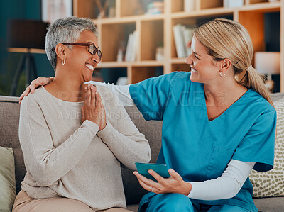 Buy stock photo Senior care, caregiver and patient together on a couch talking about healthcare of hospice service leaflet, brochure or booklet. Elderly woman and nurse at home for care with gratitude for help