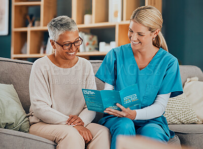 Buy stock photo Nurse consulting elderly woman in nursing home, retirement counseling of covid 19 flyer, information and medical support. Professional therapist advice, happy patient in clinic and friendly caregiver