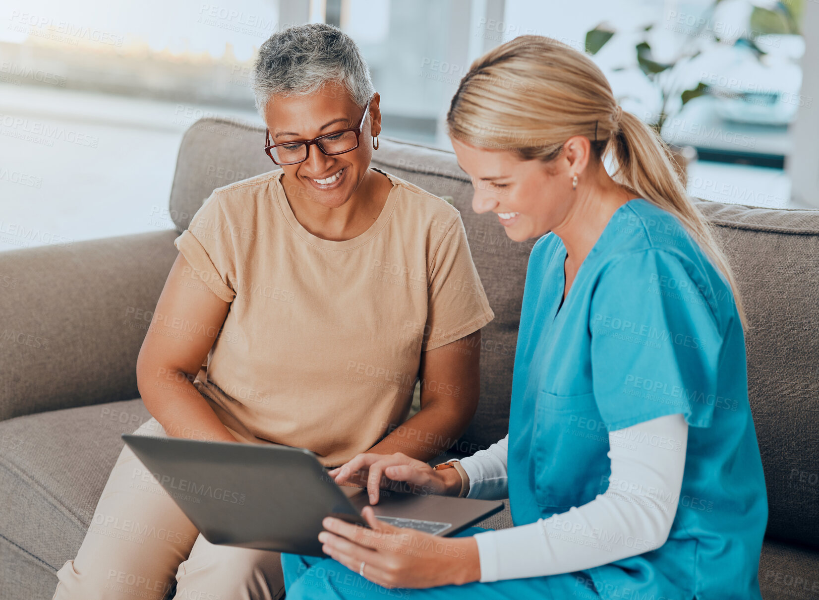 Buy stock photo Laptop, healthcare and assisted living with a woman and nurse talking about test results in a retirement home. Computer, medicine and medical with a female health professional and patient in a house