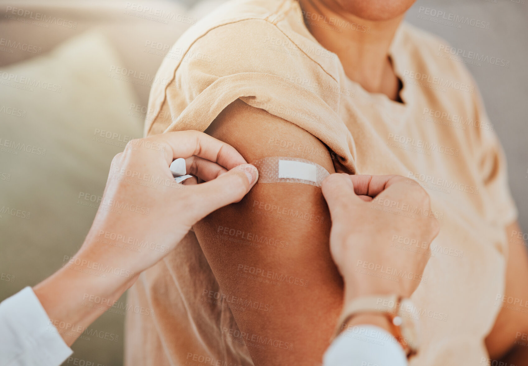 Buy stock photo Healthcare, doctor and patient with covid vaccine injection plaster on arm for immune medicine, bandaid and medical treatment to prevent disease. Clinic vaccination, safe and healthy woman after shot