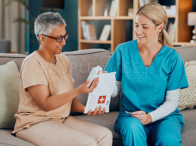 Buy stock photo Senior care, nurse or woman with medicine pills box for healthcare support, medical help or retirement health. Trust, nursing home or caregiver giving elderly patient prescription supplements package