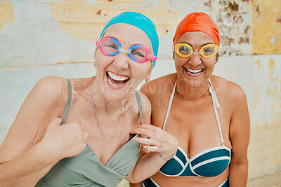 Buy stock photo Swimming, vacation and portrait of senior friends with goggles and swim caps ready for pool. Happiness, smile and elderly women at water aerobics class while on retirement holiday in Bali Indonesia.
