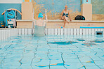 Swimmer, swimming pool and woman leaving water after fun swim, aquatic exercise and training for fitness workout at a spa. Elderly friends, relax and enjoy swimming for health in public pool together