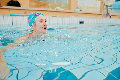 Buy stock photo Swimming, physiotherapy and rehabilitation with a senior woman in a pool for fitness or recovery. Swim, water and exercising with a mature female in a swimming pool for a hydrotherapy workout