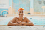 Swimming, physiotherapy and fitness with a mature woman patient in a pool for rehabilitation. Water, exercise and recovery with a senior female in a swimming pool for water training or wellness