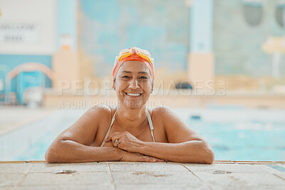 Buy stock photo Swimming, physiotherapy and fitness with a mature woman patient in a pool for rehabilitation. Water, exercise and recovery with a senior female in a swimming pool for water training or wellness