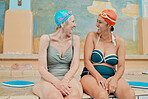 Friends, swimming and senior women on retirement vacation while happy, talking and having fun during funny conversation in swimwear. Water sport, learning and class for old people doing exercise