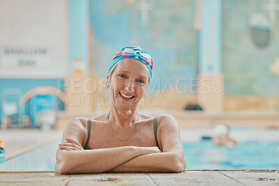 Buy stock photo Senior woman, swimmer in water and relax in swimming pool of hotel resort for healthy elderly exercise, swim training and fun with friends. Happy elder, smile on face and retirement workout activity 